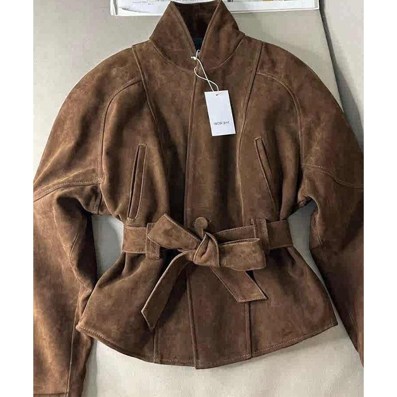 Veste en Daim Brun Femme avec Ceinture