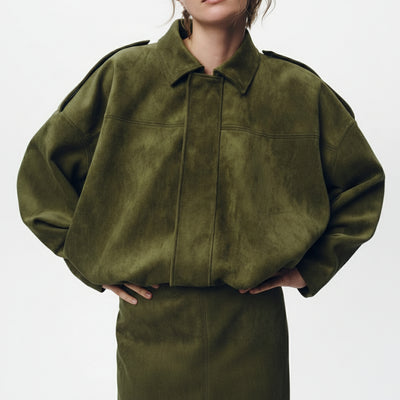 Veste Pilote Femme Effet Daim - Bomber Manches Chauve-Souris Col Revers