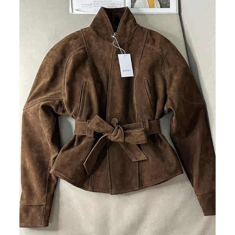 Veste en Daim Brun Femme avec Ceinture
