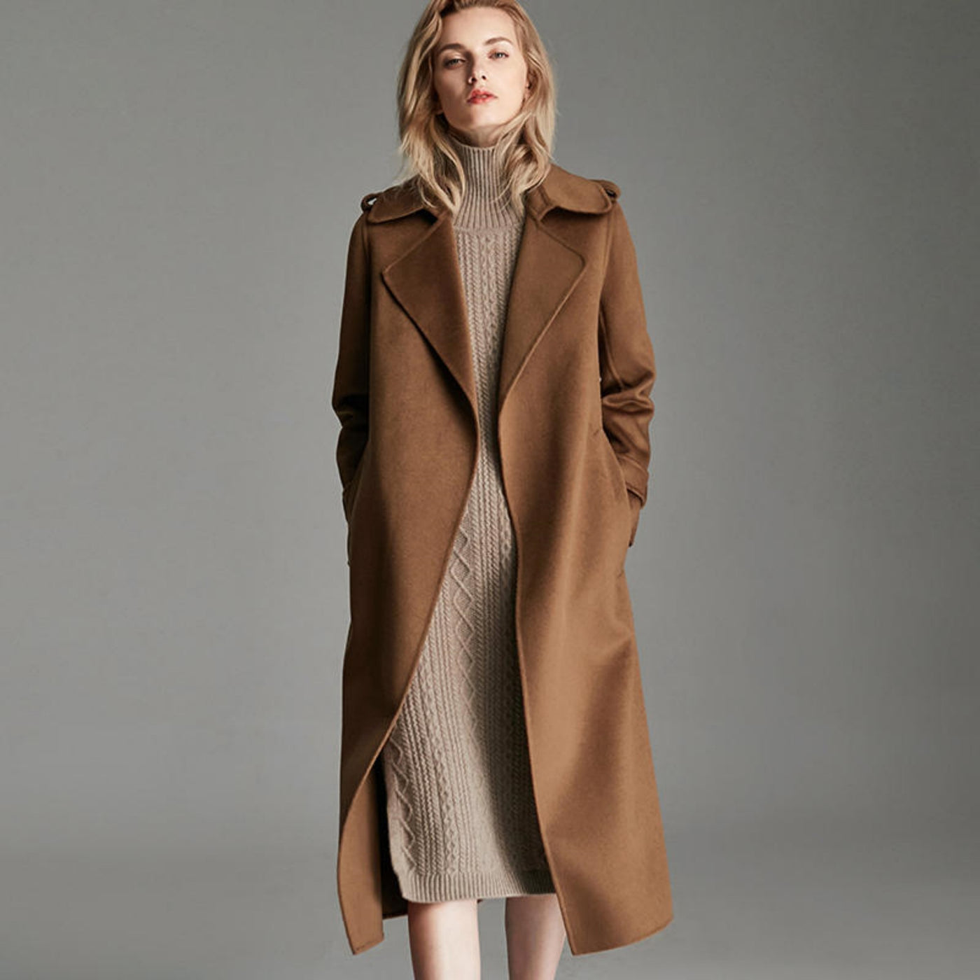 MARINA | Long manteau  laine-cachemire couleur caramel pour femme