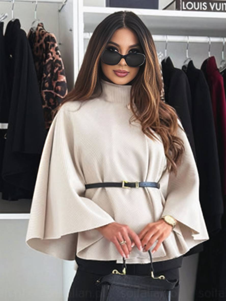 Boléro cape ceinturé femme oversized - col montant