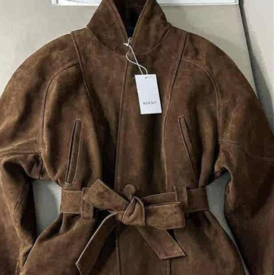 Veste en Daim Brun Femme avec Ceinture